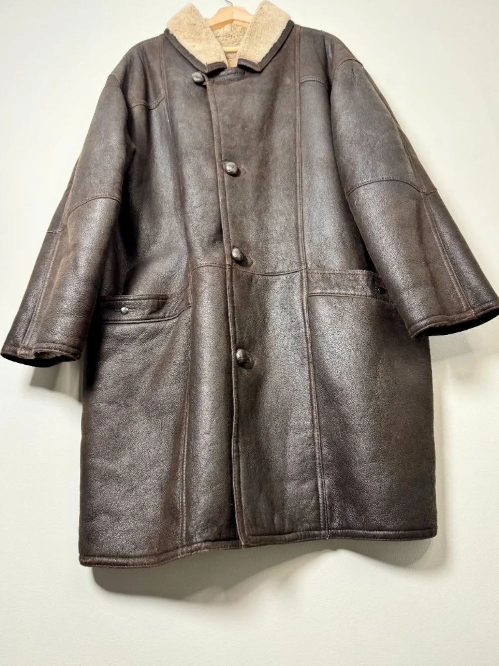 Vintage Denimax Paris NY Genuine Shearling Leather Car Coat Brown XXL